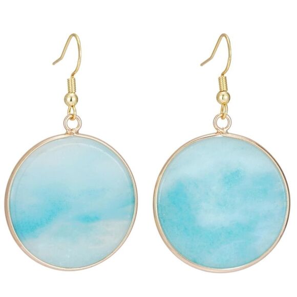 18K Yellow Gold with Natural Blue Amazonite Stone French Wire Drop Hook Earrings - Picture 1 of 6